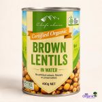 Chef's Choice Organic Brown Lentils in Water, 400g - a nutritious choice for health-conscious consumers.