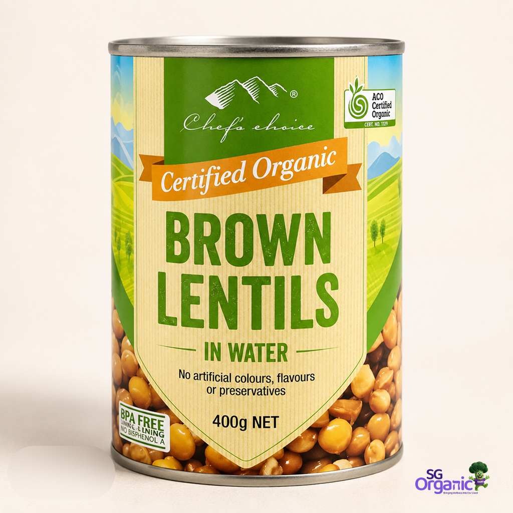 Chef's Choice Organic Brown Lentils in Water, 400g - a nutritious choice for health-conscious consumers.